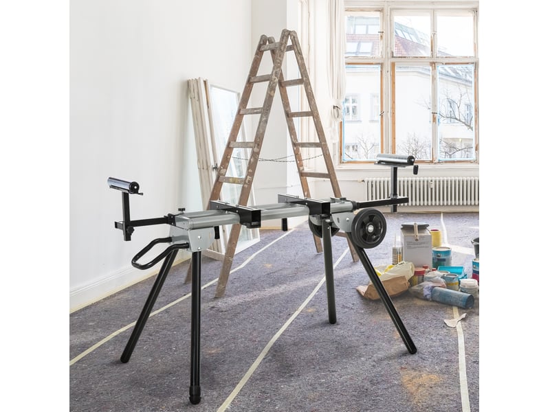  Support pour scie à onglet 123,5 à 245 cm, noir et argenté, en acier, réglable et pliable à roulettes  - Conforama B