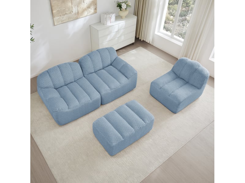  Canapé d’angle modulable 3 places avec ottoman en tissu bouclette bleu  - Conforama B