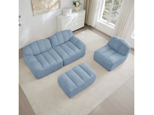 Canapé d’angle modulable 3 places avec ottoman en tissu bouclette bleu