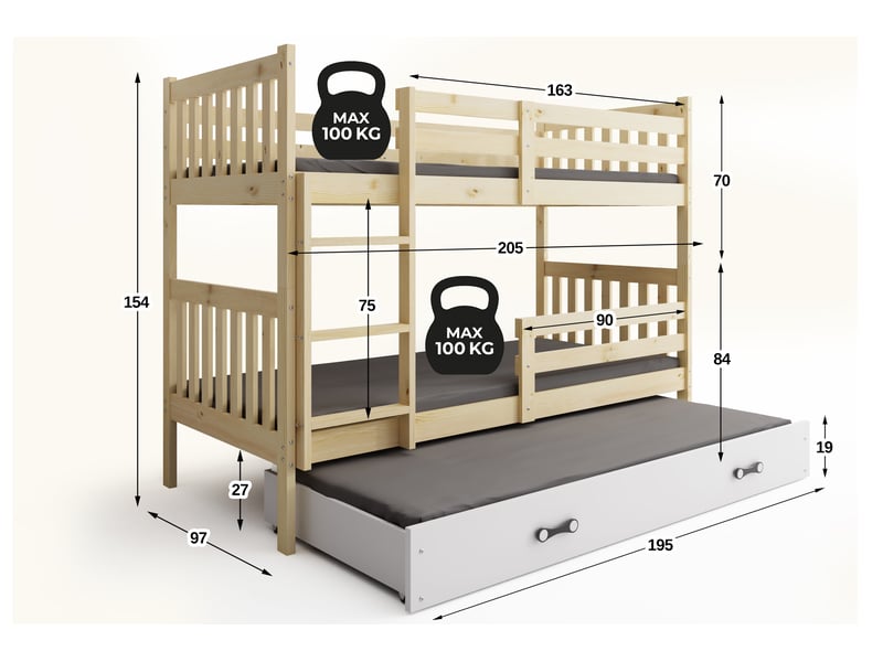  Lit superposé 3 places kacper 90x200 cm + lit tiroir 80x190 cm interbeds - bois massif de pin - pin naturel  - Conforama C