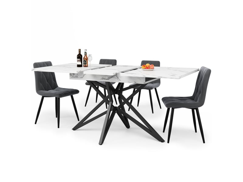  Ensemble de table à manger extensible 120160x68 cm avec 4 chaises en velours gris foncé à motif diagonal, pieds noirs, style moderne  - Conforama A