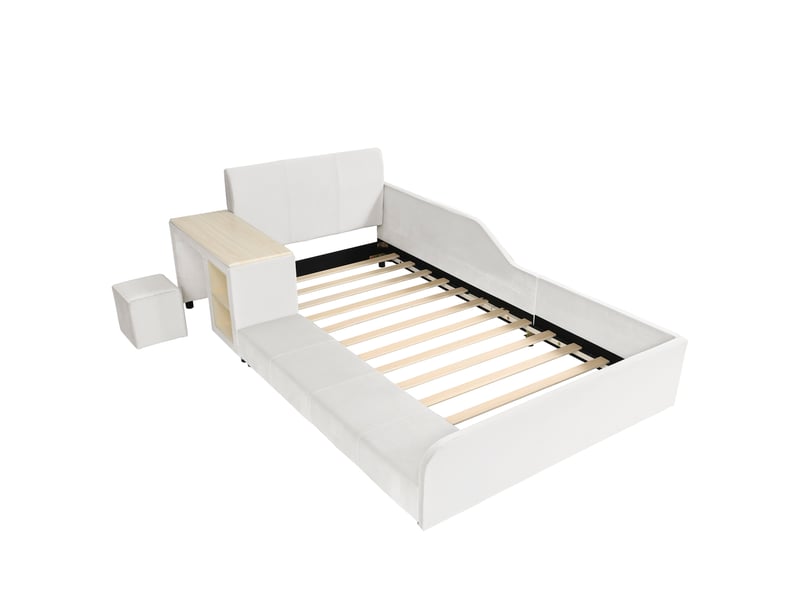  Lit rembourré- lit simple 90x200cm- lit d'enfant avec bureau d'enfant- tabouret et lattes en bois- velours- blanc  - Conforama A