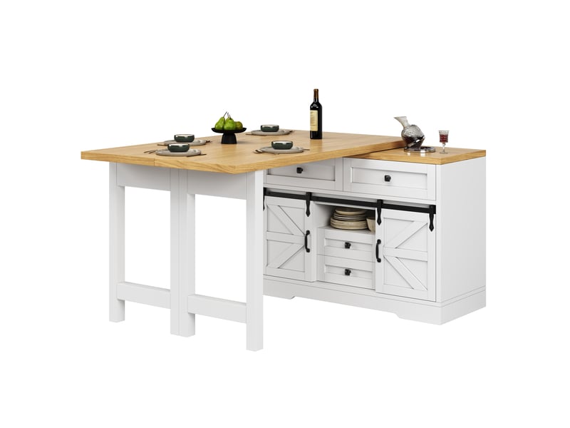  Desserte de cuisine extensible avec placard latéral, tiroirs cachés et plateaux pivotants en mdf pour cuisine blanche  - Conforama A