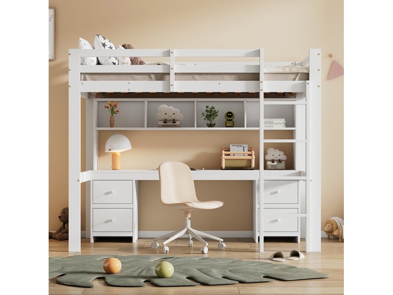  Lit mezzanine enfant 90x200 cm avec bureau et rangements blanc  - Conforama B
