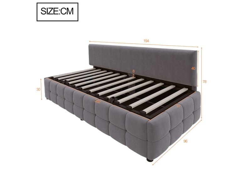  Lit coffre 1 place 90x200 cm en velours gris foncé avec dossier  - Conforama E