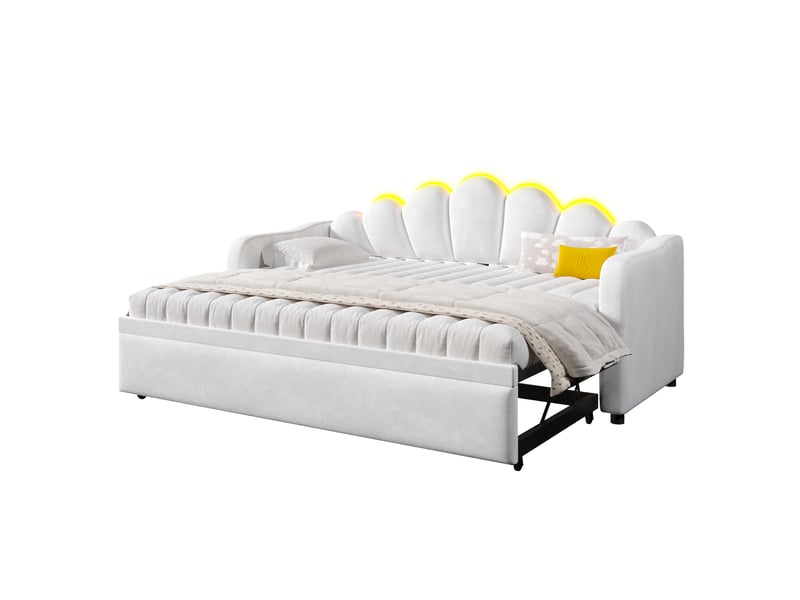 Lit tiroir gigogne 90x200 cm, velours blanc, led 7 couleurs, 2 positions, sans matelas - Conforama A