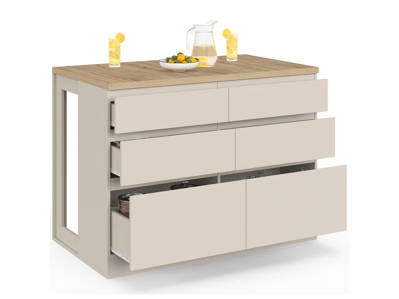 Ilot central mange-debout orso 120 cm casserolier 6 tiroirs beige et plateau effet bois - Conforama A