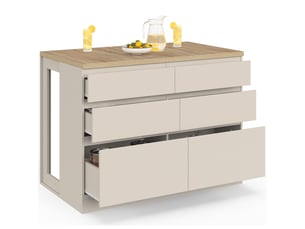 Ilot central mange-debout orso 120 cm casserolier 6 tiroirs beige et plateau effet bois