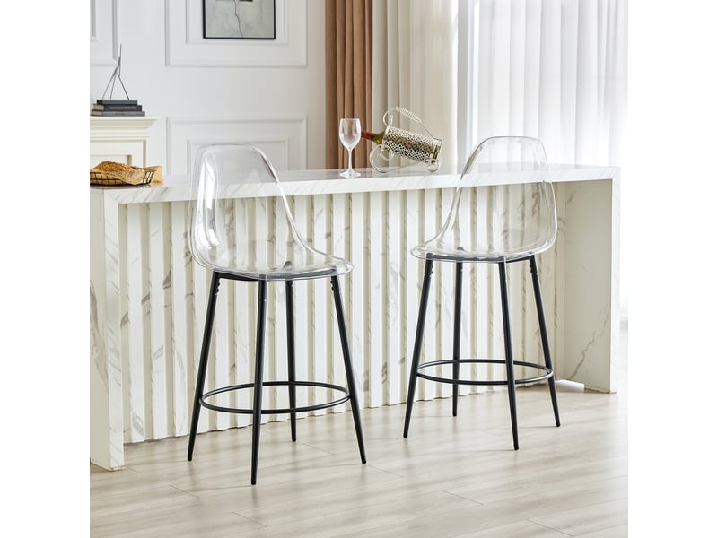 Lot de 2 tabourets de bar transparents avec pieds en métal noir, hauteur d'assise 66 cm, design minimaliste - Conforama R