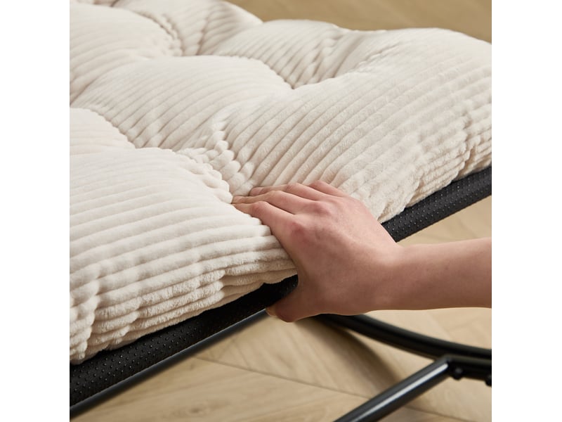 Fauteuil à bascule extérieur en acier noir avec coussin blanc épais, 75 × 116 × 82 cm, pour vos moments détente - Conforama D