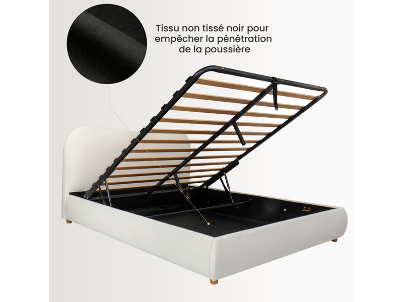 Lit coffre double 180x200 cm, lit adulte avec rangement hydraulique, pieds en bois, tissu couleur blanc sans matelas - Conforama E