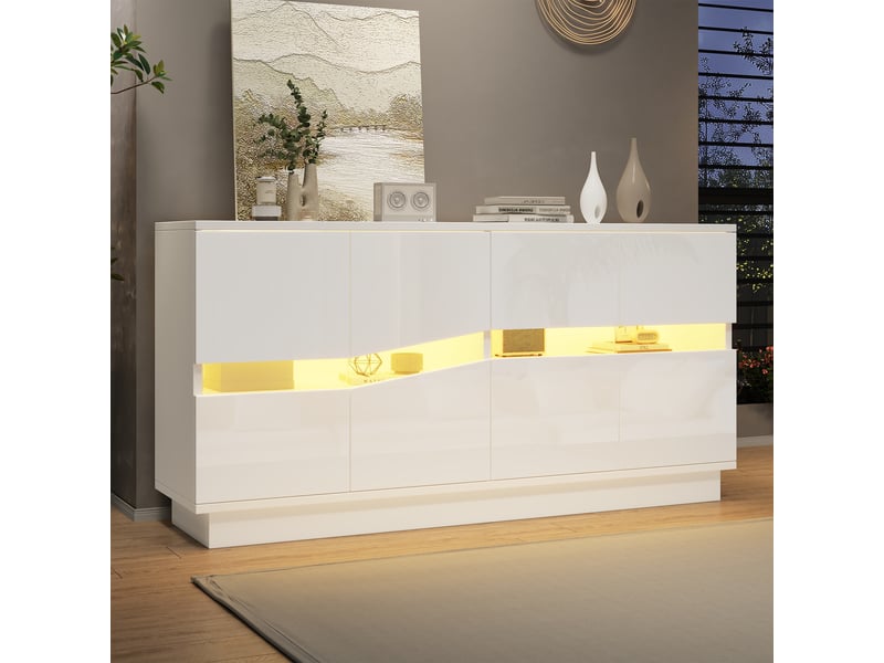 Buffet led 140x35x70 cm - 4 portes push-to-open et étagères réglables - meuble de rangement cuisine et salon - blanc CozyNest - Conforama D
