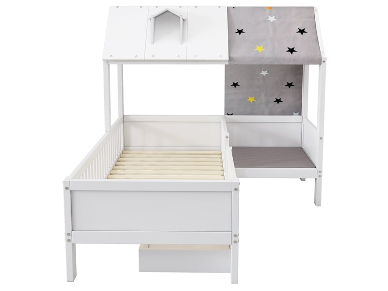 Lit cabane enfant, 90x200 cm, lit simple de jeu avec tiroirs de rangement et tissu de tente, style scandinave, blanc - Conforama D
