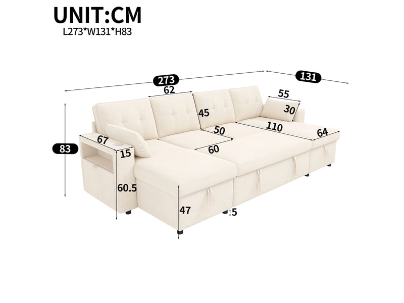  Canapé d'angle convertible 4 places 273x131x83 cm en chenille avec 2 méridiennes coffre, rangement, led, usb type-c - beige  - Conforama C