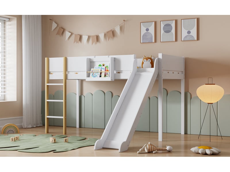  Lit mezzanine 90x200 cm avec rangement et garde-corps, blanc  - Conforama W