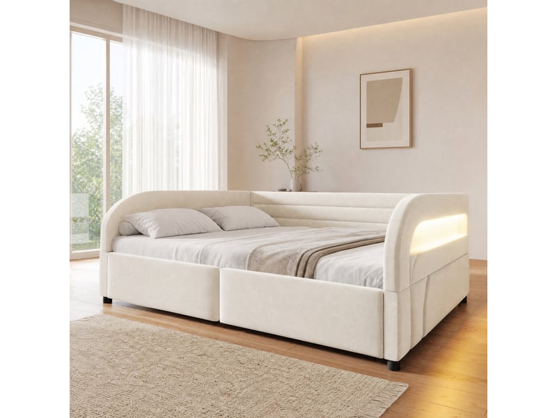  Lit coffre double 140 × 200 cm avec rangement hydraulique, led rgb et tête de lit rembourrée, sans matelas, beige  - Conforama C