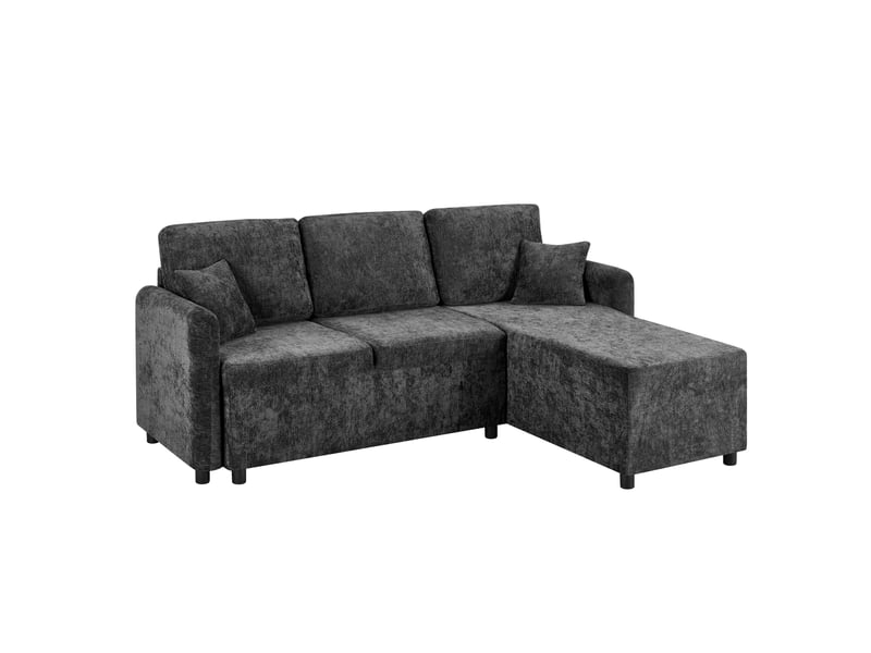 Canapé d'angle 3 places avec méridienne longue, assise en mousse haute densité et 2 coussins en chenille noir - Conforama A