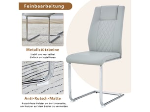 Lot de chaises 4 pièces revêtement en cuir pu gris clair dossier à effet filet pieds en métal brillant argenté et patins antidérapants style intemporel et polyvalent