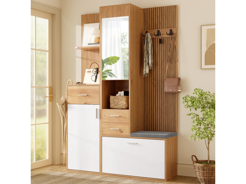 Meuble multifonction 120x32x178 cm - rangement chaussures - banquette - miroir - led - 1 porte - 3 tiroirs - étagères ouvertes - mdf - naturel et blanc ABC - Conforama E