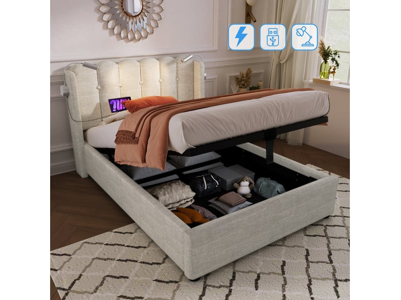  Lit coffre adulte 90x200 cm – beige naturel – liseuses orientables, port usb, rangement et matelas inclus  - Conforama E