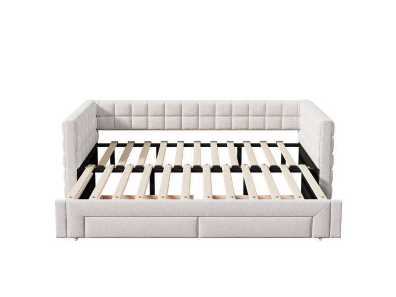Lit banquette beige 90x200 cm extensible 180 cm avec dossier et 2 tiroirs - Conforama A
