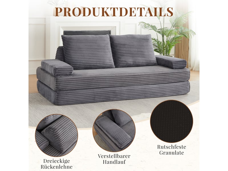  Canapé modulable 211 cm en velours côtelé gris, convertible en lit, 2 dossiers triangulaires, 2 coussins, configuration libre  - Conforama D