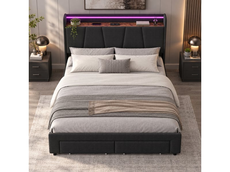  Lit coffre 2 places 140x200 cm avec rangement, lit adulte double, 2 tiroirs, led, port usb, tissu lin gris foncé  - Conforama C