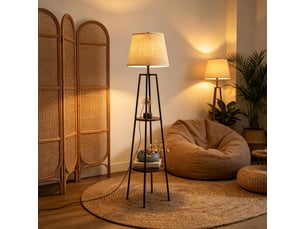 Lampadaire trépied avec 2 étagères métal noir bois abat-jour tissu beige tirette e27 166 cm