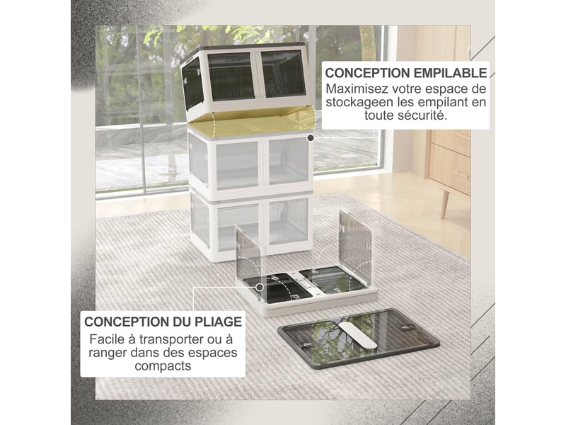  Boîte de rangement pliable et empilable 99l en plastique avec couvercle et 4 roulettes, blanc, accès à 5 côtés  - Conforama A