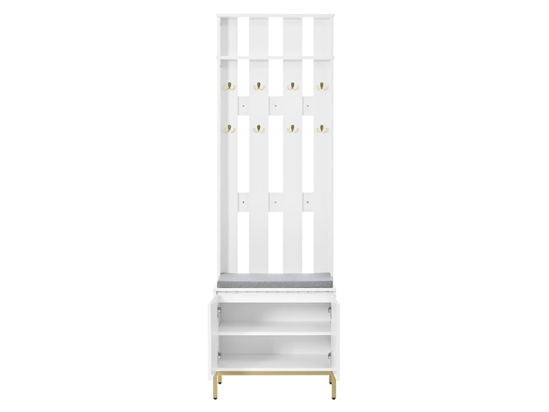  Banc d’entrée blanc, 8 patères dorées, rangement chaussures, assise, led  - Conforama E