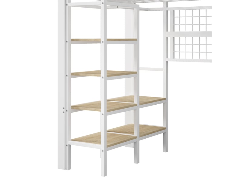  Lit mezzanine 1 place en métal et mdf avec led, étagère, filet et étendoir, 200x90 cm, sans matelas, blanc  - Conforama E