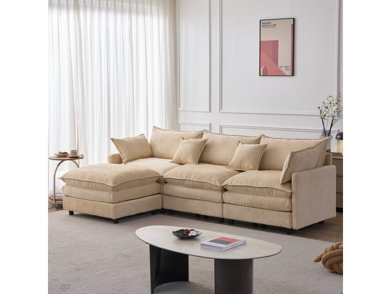 Canapé d'angle modulable 3 places en tissu beige avec pouf mobile, confort moelleux pour le salon - Conforama E