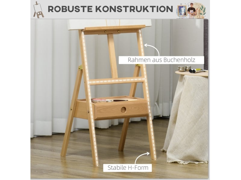  Chevalet d'art réglable 43,5 x 43 x 150-190 cm – bois naturel – tiroir de rangement et format pliable  - Conforama E