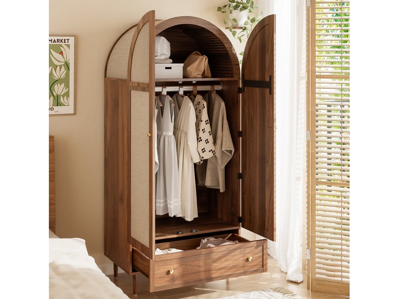  Armoire dressing penderie 79 x 50 x 175 cm portes tissu tiroir inférieur tringle large pieds massifs mdf noyer  - Conforama E