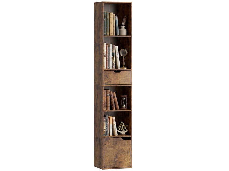  Bibliothèque à 6 niveaux, réglable sur 3 niveaux, avec tiroir, porte d'armoire, étagère personnalisable, étagère d'exposition, marron  - Conforama A