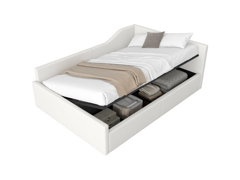  Lit coffre 140x200 cm, avec lit enfant et double, tête de lit, espace de rangement, lin et mdf, beige, sans matelas  - Conforama A