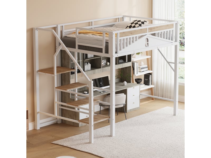 Lit mezzanine 140 × 200 cm 2 places avec échelle sécurisée et espace de rangement, sans matelas, métal blanc - Conforama B