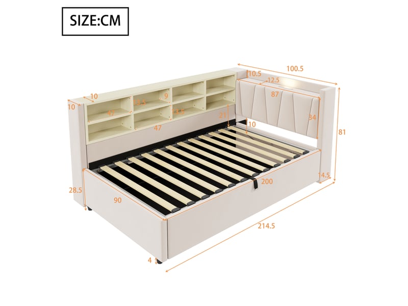  Canapé-lit 90x200, velours beige, rangement hydraulique, usb-c, veilleuse  - Conforama C