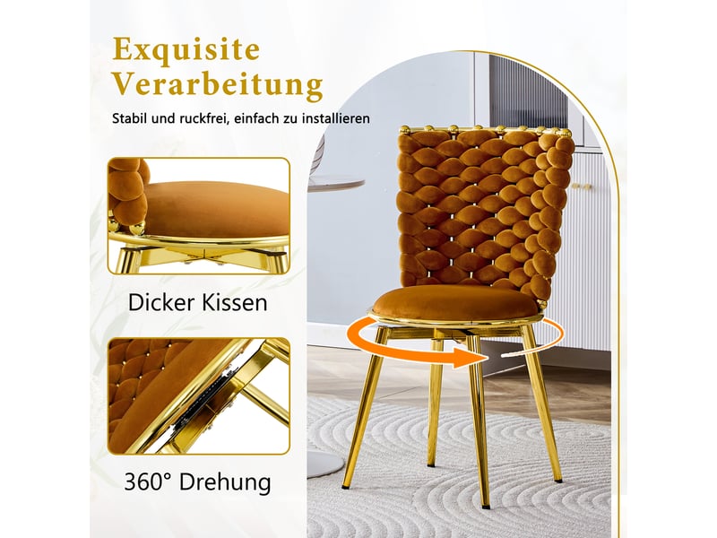 Lot de 2 chaises de salle à manger,avec dossier tressé,velours et métal doré,orange - Conforama E