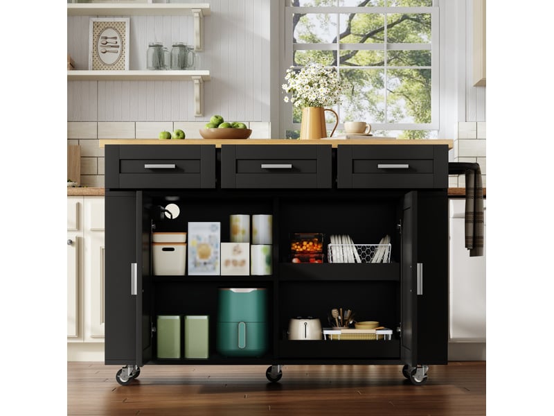 Îlot de cuisine mobile 120 x 4570 x 84 cm, plateau rabattable, naturel et noir - Conforama D