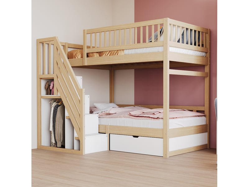  Lit superposé 90x200 cm, tiroirs de rangement, bois, escalier de rangement, bois naturel, sans matelas  - Conforama E