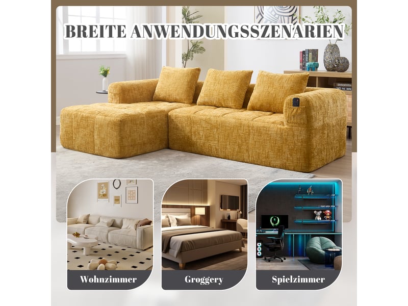  Canapé d’angle en l 3 places sans montage avec méridienne, accoudoirs, 3 coussins et poche latérale, chenille, jaune Seren Glow - Conforama E