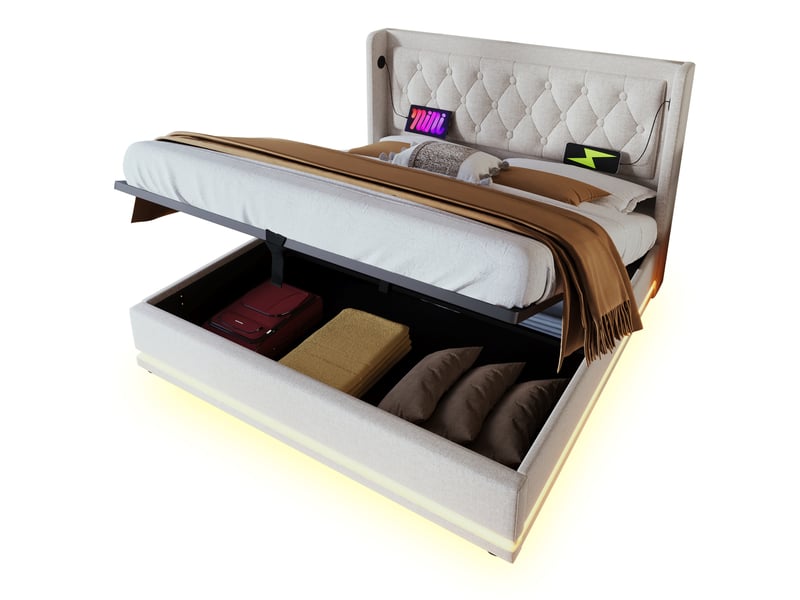 Lit coffre 160 × 200 cm 2 places avec led 3 côtés, usb et type-c, matelas inclus, en coton beige  - Conforama A