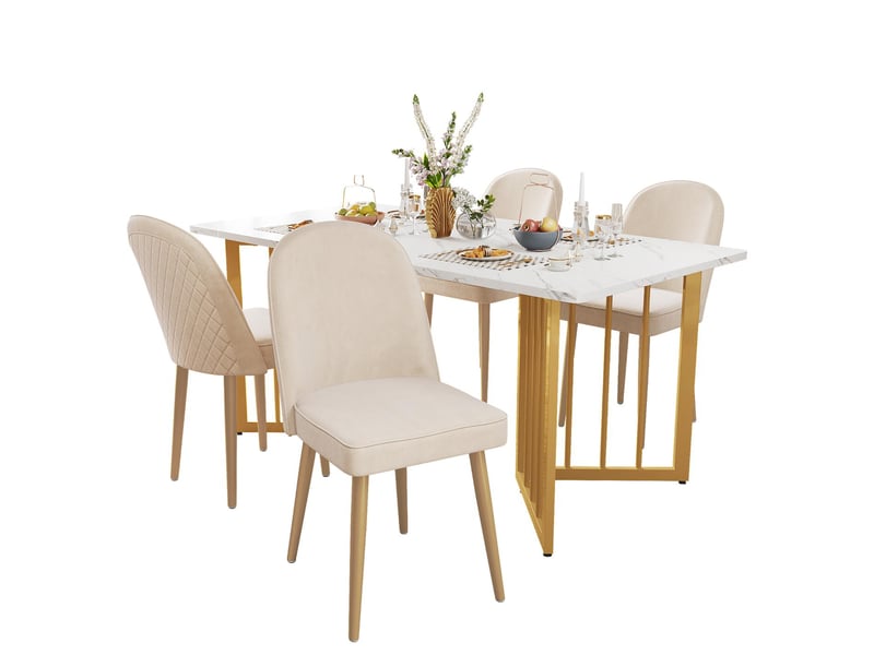  Lot de 4 chaises de salle à manger en velours beige pieds en métal doré  - Conforama A
