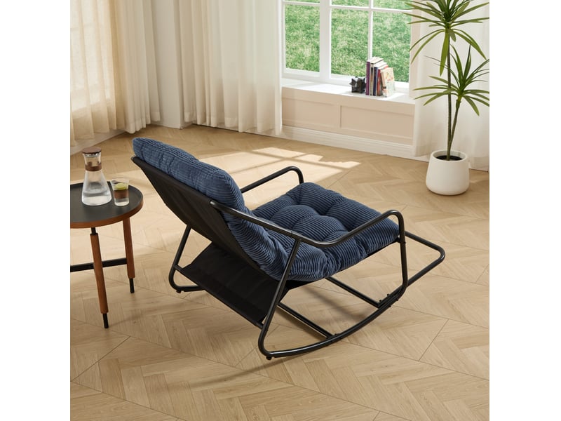  Fauteuil à bascule extérieur en acier noir avec coussin bleu marine épais, réglable, pour votre détente  - Conforama E