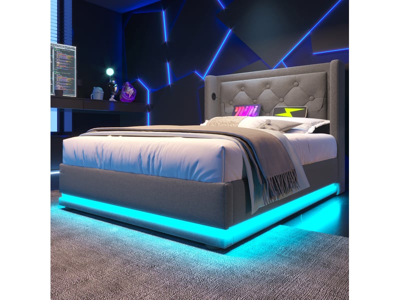  Lit coffre 90 × 200 cm 1 place avec led 3 côtés, usb et type-c, matelas inclus, tissu coton gris  - Conforama C