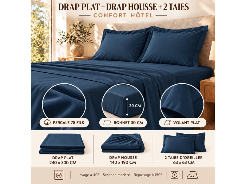  Ensemble literie 4 pièces drap plat 240 x 300 cm + drap housse 140x190 cm + 2 taies 63x63 cm percale 78 fils bleu  - Conforama E