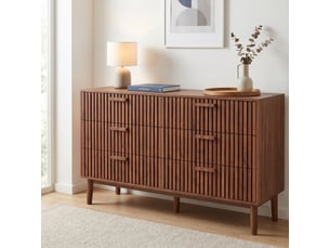 Commode de chambre, 100x34x73 cm, avec 6 tiroirs de grand rangement, en bois, design à lattes, couleur noyer