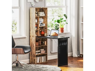 Bureau pliant moderne avec bibliothèque et tableau noir, bois et métal, 98 x 51 x 153 cm, marron rustique