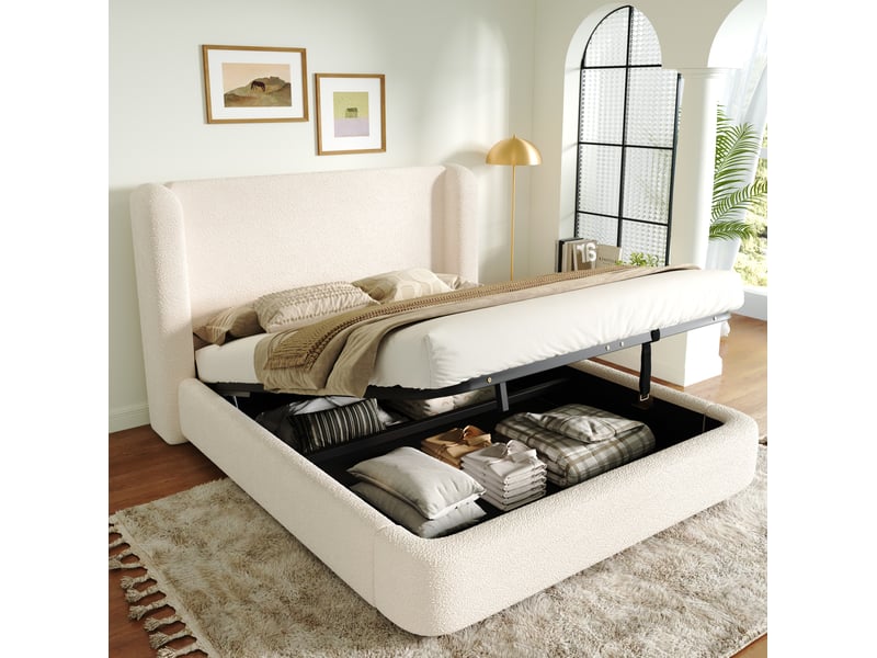  Lit coffre modenvie 140 x 200 cm avec sommier à lattes hydraulique en bouclé beige  - Conforama B
